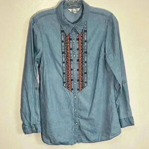 KRAZY KAT Embroidered Aztec Denim Button Down Top | Size Small